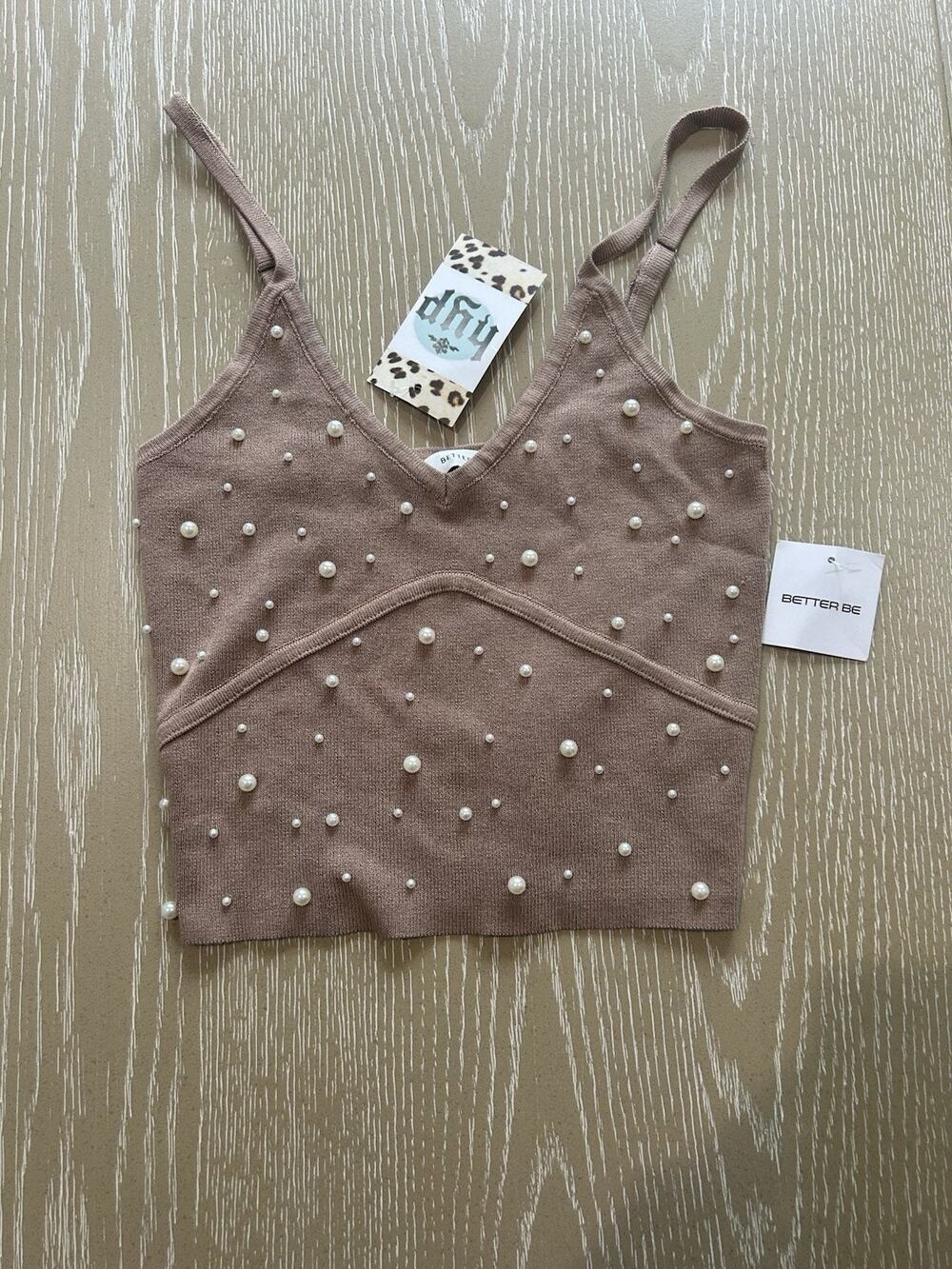 Better Be Beige Tank Top With Pearls Size Medium